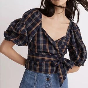 Madewell Plaid Sweetheart Wrap Top Puff Sleeve